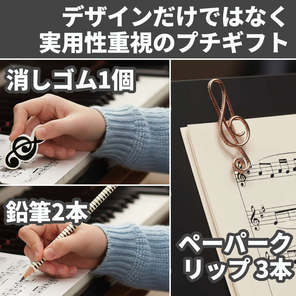 子供も喜ぶ、音符モチーフ 6点文具セット・まとめ買いOK。ピアノ教室・発表会のお...