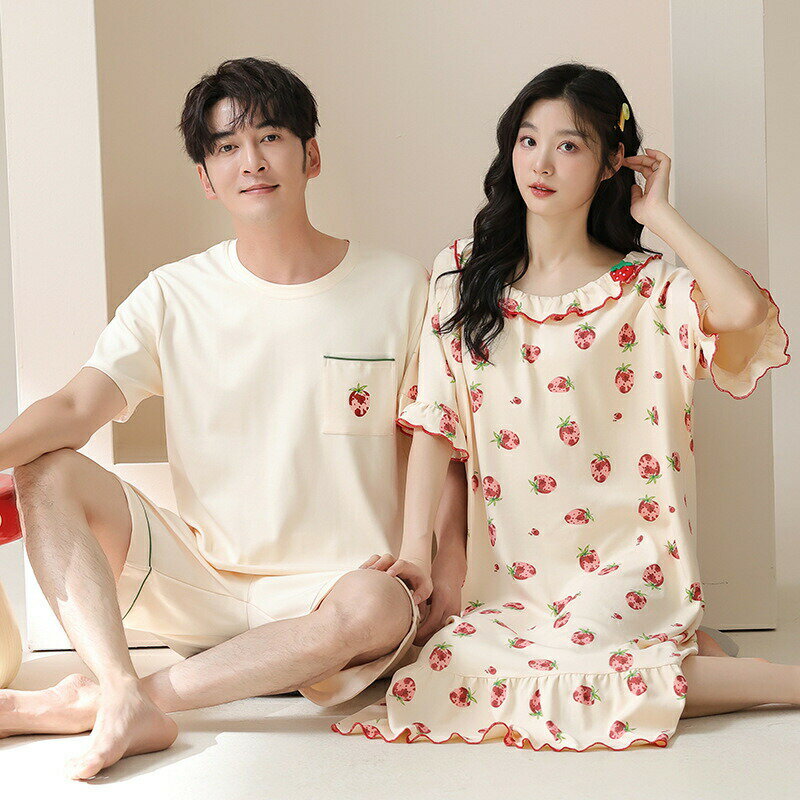 ギフト おしゃれ カップル 上下セット 半袖 夏 男女2着 ペア パジャマ セット 春夏 レディース メンズ ルームウェア パジャマ ワンピース 綿 ペアパジャマ ペア 結婚祝い プレゼント スウェット 部屋着 パジャマ カップル お揃い プレゼント いちご 可愛い 送料無料
