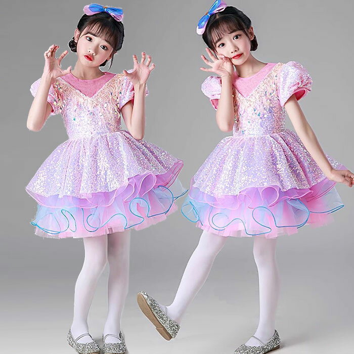 ダンス衣装 子供 キッズ ワンピース 可愛い チュチュスカート スパンコール リボン付き おしゃれ 女の子 ダンス衣装 バレエ 発表会 舞台衣装 ステージ衣装 イベント 団体ダンス 110m 120m 130m 140m 150m 送料無料