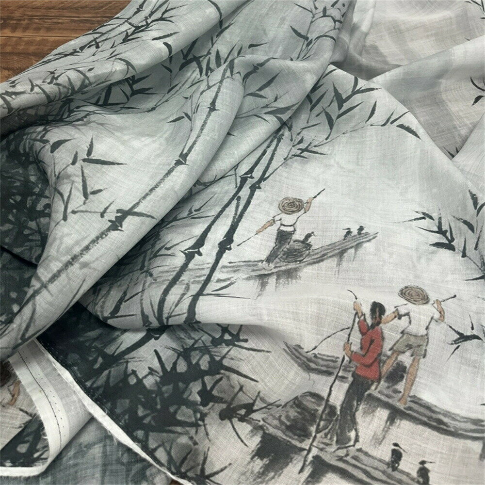135cm幅 90cm単位 生地 布 布地 きじ ぬの 手作り生地 服地 裁縫 DIY用生地 手芸用 ハンドメイド向け からむし 苧麻 プリント 水墨風 竹林の舟遊び 竹林舟下り 竹やぶの小舟 竹柄 山水柄 黒白 楽天海外通販 送料無料