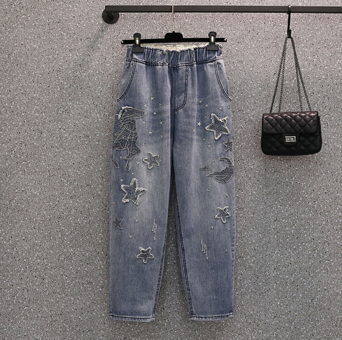 レディース デニムパンツ 刺繍 星 月 惑星 ゆったり ジーンズ ウエストゴム 大きいサイズ M-3XL カジュアル ストレート ボトムス 体型..