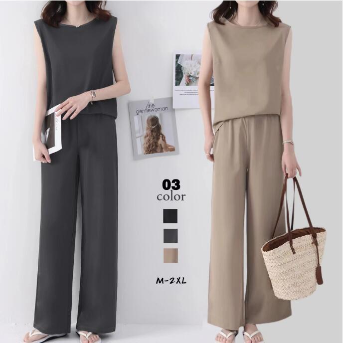 セットアップ 夏 レディース 2点セット ノースリーブ トップス パンツ 上下セット 落ち感 ウエストゴム ゆったり 体型カバー 着痩せ お洒落 無地 パンツス...