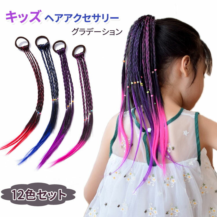 12色セット三つ編み編み込みエクステ女の子三つ編みダンスカラーエクステゴムタイプグラデーション簡単アレンジヘアアクセサリーかつらエクステンションウィッグキッズガールズ子供付け髪ヒップホップダンサー髪型カラフル舞台ダンスイベント