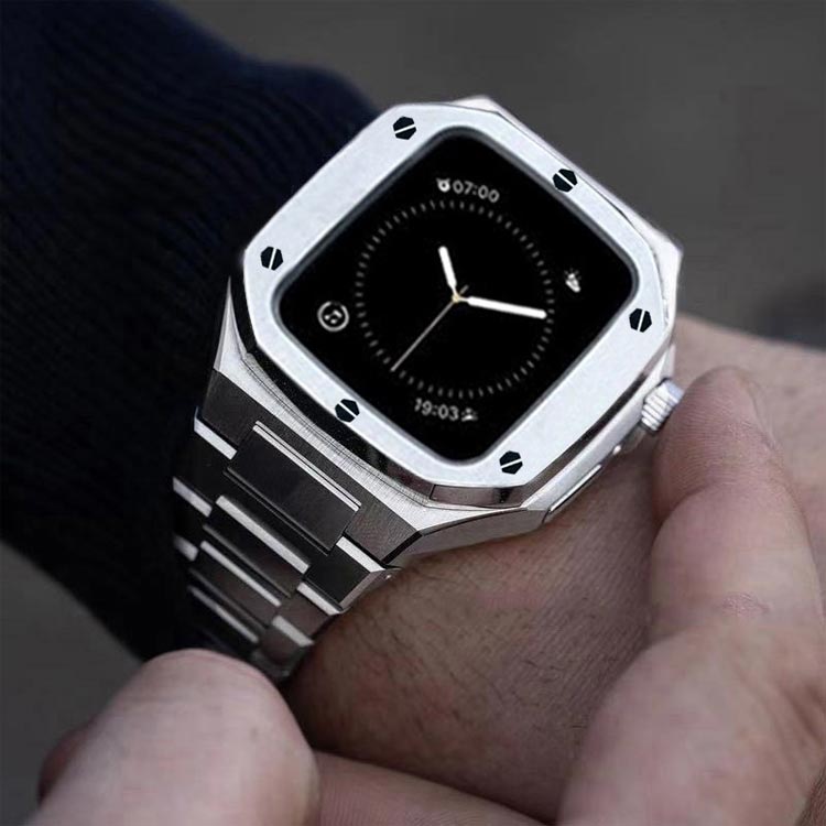 ステンレスバンドラバーケースカバー腕時計バンドwatch一体型apple高級ベルトアップルウォッチメンズベルト44mm45mm一体型おしゃれピンクゴールドステンレスストラップシルバーブラックゴールドケースバンド