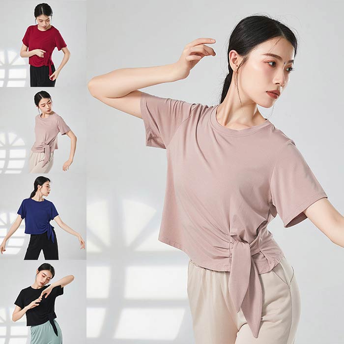 ダンス トップス 半袖 Tシャツ カットソー 可愛い サイドリボン ダンス上着 ヨガ ウェア 動きやすい 伸..
