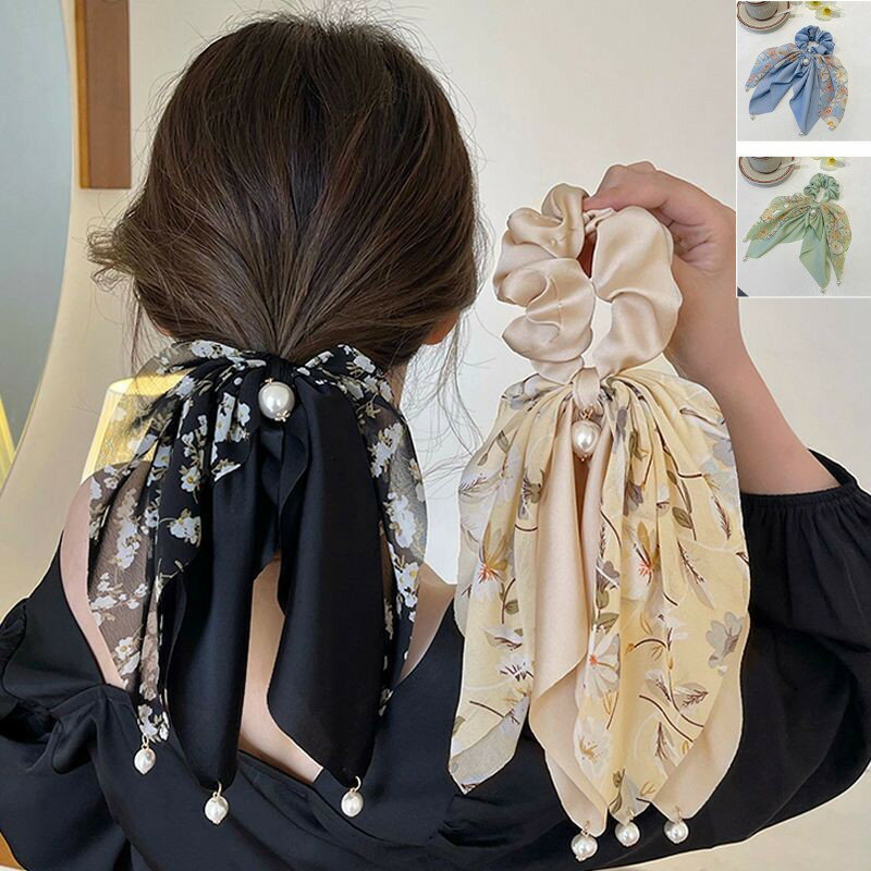 シュシュ リボンヘアゴム ダブルリボン 花柄 春夏 サテン調 ロングリボン パール付 ヘアアクセサリー レディース デイリー カジュアル 可愛い おしゃれ 髪飾り エレガント デート ポニーテール 髪留め 髪を結ぶ 小顔 可愛い 結婚式 入学式 卒業式 ギフト プレゼント