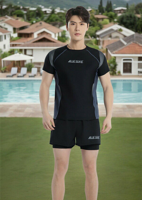 メンズ水着 短袖 トップス パンツ 上下セット 接触冷感 速乾 スポーツ UV対策 紫外線対策 フィット水着 川遊び スイミング 高校生 中学生 ダイビング 吸汗