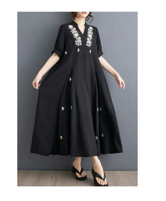 ワンピース ロング シャツワンピース きれいめ 春夏 半袖 刺繍 マキシワンピース レディース 大きいサイズ 上品 ロングワンピース きれいめ チュニック 薄手 カジュアルワンピース one piece 無地 ブラック 大人可愛い 体型カバー 着痩せ 大人 スカート 春服 洗える
