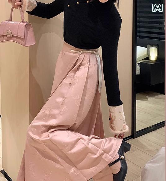 かわいい チャイナコーデ 中国 トップス スカート ボタン セーター ツーピース 女性2024 小柄 ロングスカート 流行り ピンク ブラック