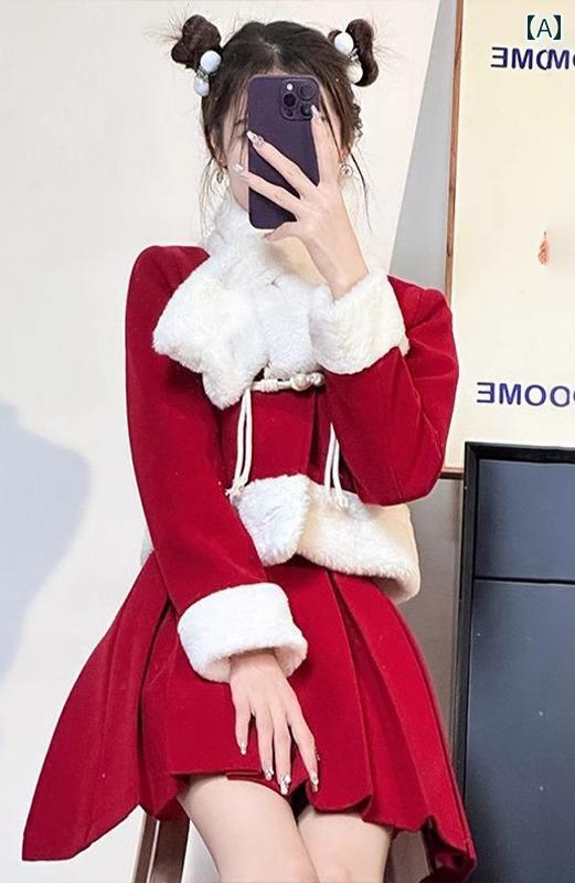 クリスマス レッド 赤い クリスマスコーデ ファッション ベルベット コート ドレス スカート 女性 かわいい 中国風 スタイル