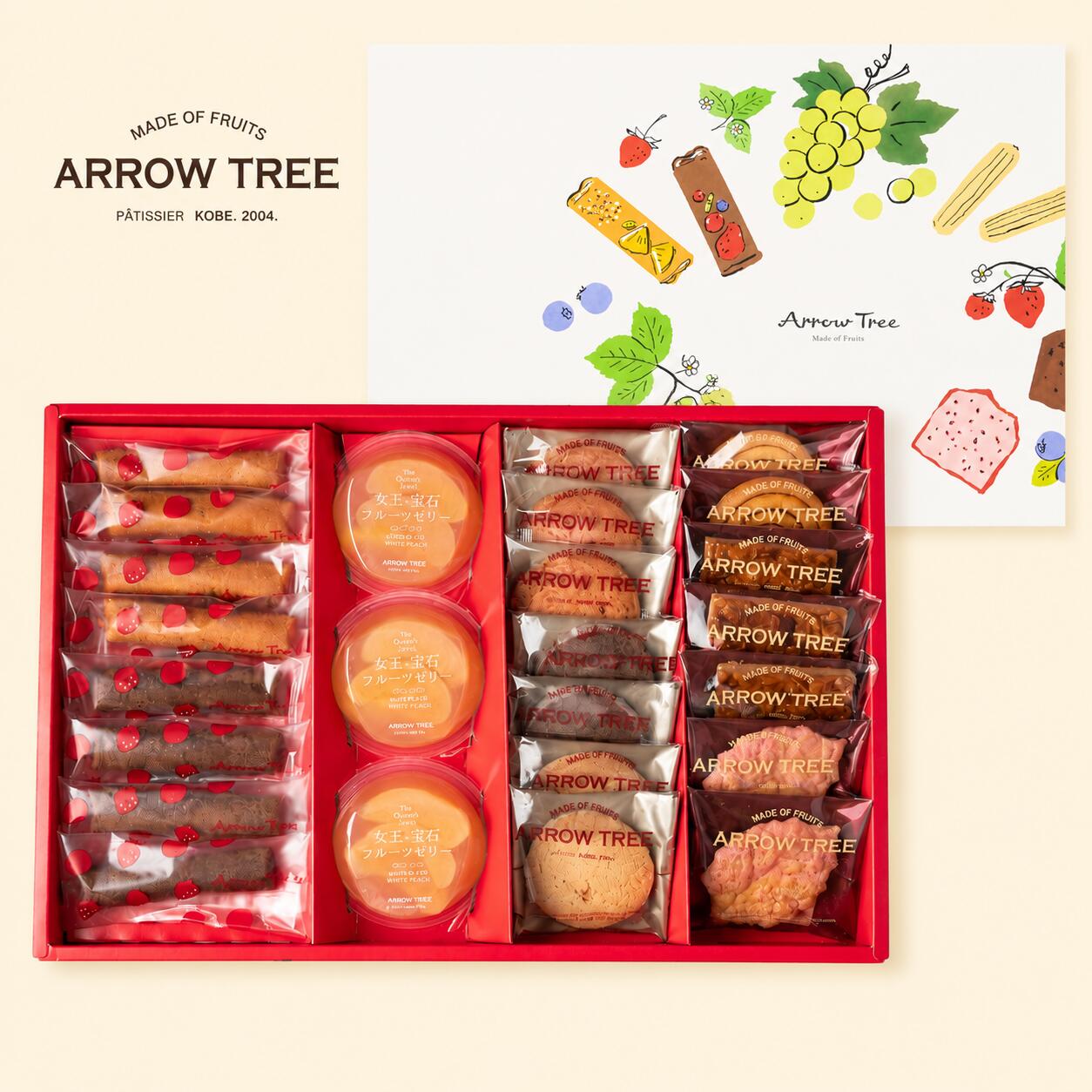 名称 ArrowTree サヴール・エテ アソート(L) 賞味期限 出荷日より14日以上 保存方法 直射日光、高温多湿を避けて保存して下さい。 内容量 苺フィナンシェ 4個、ショコラ・フランボワーズのフィナンシェ 4個、いちごのバターサブレ 3個、サブレ（バニラ） 2個、ココナッツショコラサブレ 2個、フランボワーズサブレ 2個、フロランタン 3個、いちごのリーフパイ 2個、白桃スライスゼリー 3個 原材料 ●苺フィナンシェ：液卵白(国内製造)、マーガリン、砂糖、小麦粉、アーモンドパウダー、乾燥いちご加工品、いちご濃縮果汁、いちごパウダー、凍結乾燥食品(乳糖、いちご、デキストリン)/トレハロース、香料、ベーキングパウダー、加工デンプン、乳化剤、酸味料、着色料(紅麹、野菜色素、紅花黄、カロテン)、酸化防止剤(V.E)、糊料(ペクチン)、甘味料(ステビア)、(一部に小麦・卵・乳成分・アーモンド・大豆を含む) ●ショコラ・フランボワーズのフィナンシェ：液卵白(国内製造）、砂糖、マーガリン、アーモンドパウダー、小麦粉、ココアパウダー、ラズベリ－果汁、果糖ぶどう糖液糖、寒天/ベーキングパウダ－、香料、酸味料、着色料(紅麹、クチナシ、カロテン）、乳化剤、酸化防止剤(V. E)、（一部に小麦・卵・乳成分・アーモンド・大豆を含む） ●いちごのバターサブレ：小麦粉（国内製造）、バター、粉糖（砂糖、澱粉）、乾燥いちご加工品（砂糖、澱粉、デキストリン、水飴、いちご、その他）、卵黄、クリーム、砂糖、ストロベリーペースト（砂糖、ストロベリー果汁）/酸味料、香料、着色料（ラック）、（一部に小麦・卵・乳成分を含む） ●サブレ（バニラ）：小麦粉(国内製造)、バター、砂糖、マーガリン(食用精製加工油脂、食用植物油脂、乳等を主要原料とする食品、その他)、卵黄、バニラシーズペースト(果糖ブドウ糖液糖、砂糖、バニラシーズ、その他)、食塩/香料、(一部に小麦・卵・乳成分を含む） ●ココナッツショコラサブレ：小麦粉（国内製造）、マーガリン（食用精製加工油脂、食用植物油脂、発酵バター、発酵乳）、乾燥ココナッツ、粉糖（砂糖、デキストリン）、凍結加糖卵黄（卵黄、砂糖）、カカオパウダー、アーモンドパウダー、砂糖、塩/乳化剤、香料、酸味料、酸化防止剤（ビタミンE）、着色料（カロテン色素）、漂白剤（亜硫酸ナトリウム）、（一部に小麦・卵・乳成分・アーモンド・大豆を含む） ●フランボワーズサブレ：小麦粉(国内製造）、マーガリン(食用精製加工油脂、食用植物油脂、発酵バター、発酵乳）、ミックスジャム(砂糖、ラズベリー、りんごピューレ、濃縮ラズベリー果汁）、凍結加糖卵黄(卵黄、砂糖）、アーモンドパウダー、粉糖(砂糖、デキストリン）、水飴、塩、レモンジュース/乳化剤、香料、酸味料、酸化防止剤(ビタミンE）、着色料(カロテン色素、赤40）、製造用剤（D-ソルビトール）、ゲル化剤(ペクチン、ローカストビーンガム）、pH調整剤、膨張剤、（一部に小麦・卵・乳成分・アーモンド・大豆・りんごを含む） ●フロランタン：小麦粉（国内製造）、砂糖、アーモンド、バター、マーガリン（食用精製加工油脂、食用植物油脂、乳等を主要原料とする食品、その他）、全卵、クリーム、はちみつ/膨張剤、（一部に小麦・卵・乳成分・アーモンドを含む） ●いちごのリーフパイ：小麦粉（国内製造）、バター、食塩、砂糖、粉糖・製菓用（ぶどう糖、とうもろこし澱粉、加工油脂（パーム））、乾燥果実（いちご）/クエン酸、酸味料、微粒二酸化ケイ素、リン酸カルシウム、香料、（一部に小麦・乳成分を含む） ●白桃スライスゼリー ：白桃シロップ漬け(国内製造)、砂糖、もも濃縮果汁/ゲル化剤(増粘多糖類)、酸味料、香料、酸化防止剤(ローズマリー抽出物、V.C)、(一部にももを含む) 販売者 京都府京都市中京区指物町330-1 株式会社ユニークファースト