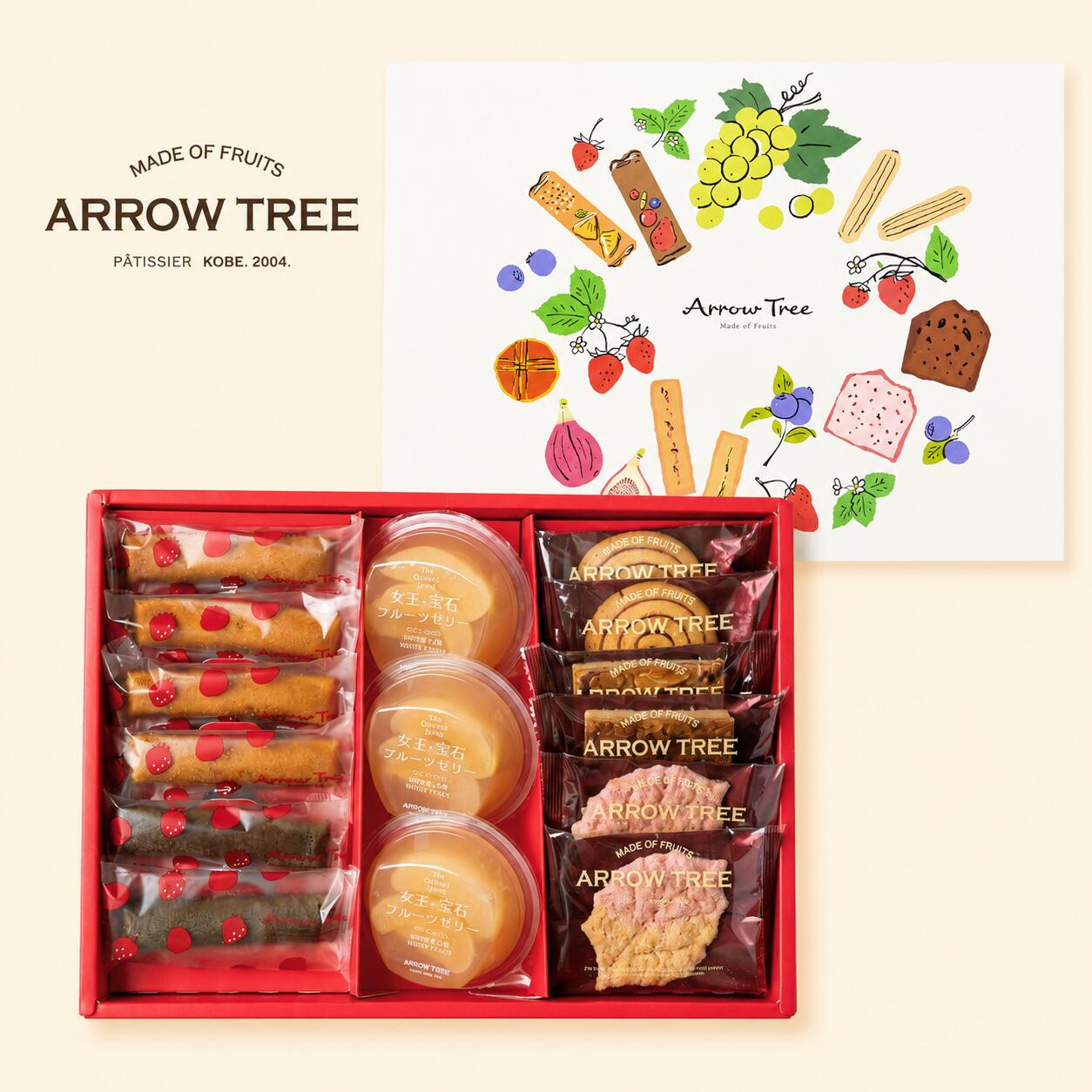 名称 ArrowTree サヴール・エテ セレクションS 賞味期限 出荷日より14日以上 保存方法 直射日光、高温多湿を避けて保存して下さい。 内容量 苺フィナンシェ 4個、ショコラ・フランボワーズのフィナンシェ 2個、フランボワーズサブレ 2個、フロランタン 2個、いちごのリーフパイ 2個、白桃スライスゼリー 3個 原材料 ●苺フィナンシェ：液卵白(国内製造)、マーガリン、砂糖、小麦粉、アーモンドパウダー、乾燥いちご加工品、いちご濃縮果汁、いちごパウダー、凍結乾燥食品(乳糖、いちご、デキストリン)/トレハロース、香料、ベーキングパウダー、加工デンプン、乳化剤、酸味料、着色料(紅麹、野菜色素、紅花黄、カロテン)、酸化防止剤(V.E)、糊料(ペクチン)、甘味料(ステビア)、(一部に小麦・卵・乳成分・アーモンド・大豆を含む) ●ショコラ・フランボワーズのフィナンシェ：液卵白(国内製造）、砂糖、マーガリン、アーモンドパウダー、小麦粉、ココアパウダー、ラズベリ－果汁、果糖ぶどう糖液糖、寒天/ベーキングパウダ－、香料、酸味料、着色料(紅麹、クチナシ、カロテン）、乳化剤、酸化防止剤(V. E)、（一部に小麦・卵・乳成分・アーモンド・大豆を含む） ●フランボワーズサブレ：小麦粉(国内製造）、マーガリン(食用精製加工油脂、食用植物油脂、発酵バター、発酵乳）、ミックスジャム(砂糖、ラズベリー、りんごピューレ、濃縮ラズベリー果汁）、凍結加糖卵黄(卵黄、砂糖）、アーモンドパウダー、粉糖(砂糖、デキストリン）、水飴、塩、レモンジュース/乳化剤、香料、酸味料、酸化防止剤(ビタミンE）、着色料(カロテン色素、赤40）、製造用剤（D-ソルビトール）、ゲル化剤(ペクチン、ローカストビーンガム）、pH調整剤、膨張剤、（一部に小麦・卵・乳成分・アーモンド・大豆・りんごを含む） ●フロランタン：小麦粉（国内製造）、砂糖、アーモンド、バター、マーガリン（食用精製加工油脂、食用植物油脂、乳等を主要原料とする食品、その他）、全卵、クリーム、はちみつ/膨張剤、（一部に小麦・卵・乳成分・アーモンドを含む） ●いちごのリーフパイ：小麦粉（国内製造）、バター、食塩、砂糖、粉糖・製菓用（ぶどう糖、とうもろこし澱粉、加工油脂（パーム））、乾燥果実（いちご）/クエン酸、酸味料、微粒二酸化ケイ素、リン酸カルシウム、香料、（一部に小麦・乳成分を含む） ●白桃スライスゼリー ：白桃シロップ漬け(国内製造)、砂糖、もも濃縮果汁/ゲル化剤(増粘多糖類)、酸味料、香料、酸化防止剤(ローズマリー抽出物、V.C)、(一部にももを含む) 販売者 京都府京都市中京区指物町330-1 株式会社ユニークファースト