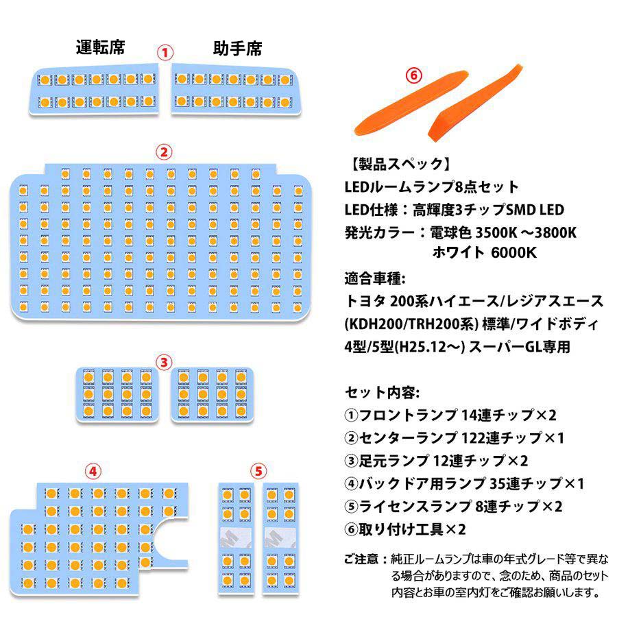 ハイエース ルームランプ LED 8点セット 7型 4型 5型 6型 スーパーGL用 標準/ワイド ホワイト 電球色 トヨタ 200系 レジアスエース 3500K 室内灯 爆光 200系 KDH200 TRH200系 LEDバルブ 取付簡単 取付工具付き