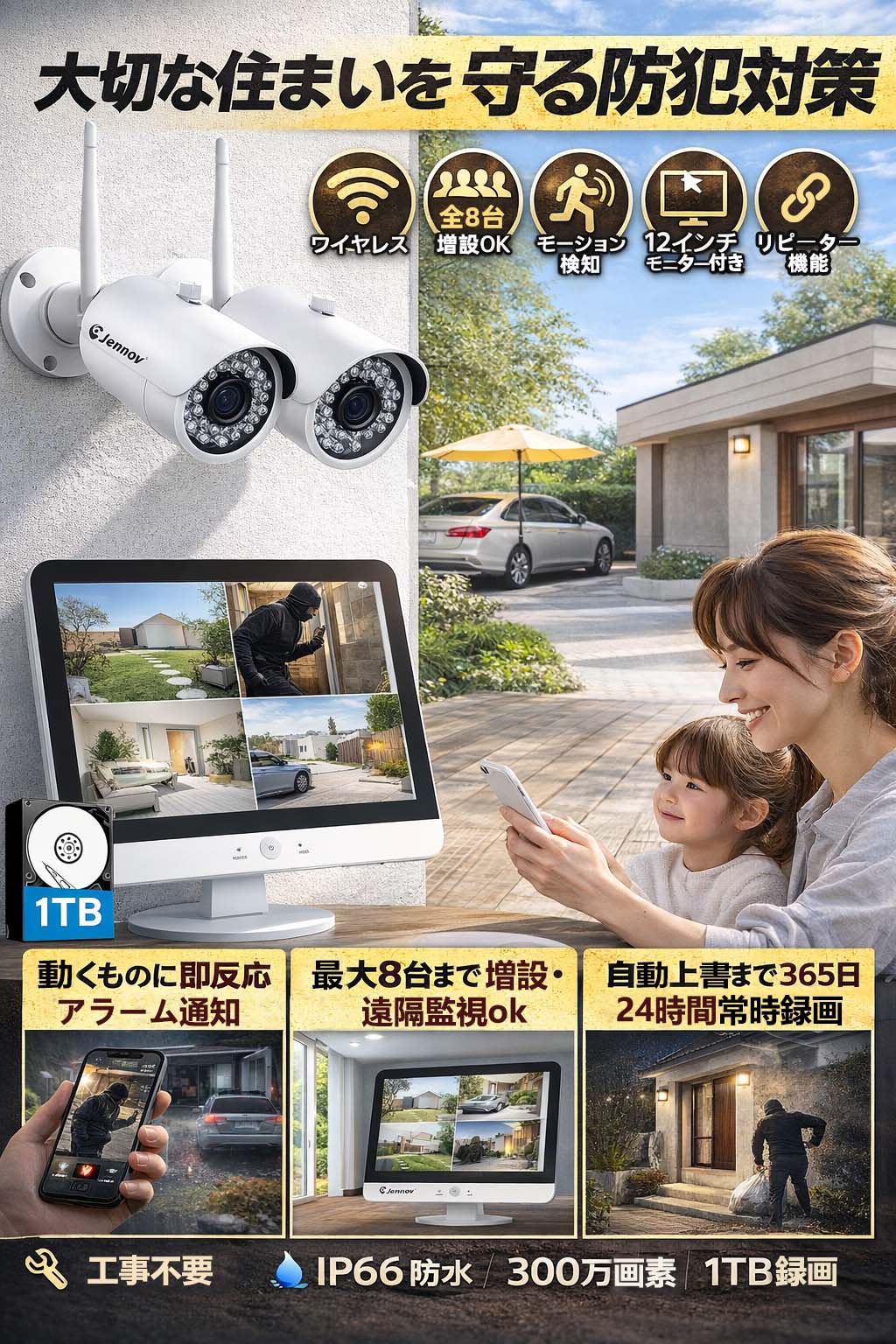 ＼期間限定セール・クーポンで32742円／防犯カメラ 300万画素 2台セット ワイヤレス 屋外用 8台まで増設可 1296P高画質 WiFi接続 工事不要 モーション検知 カスケード機能 リピーター対応 遠隔監視 IP66防水 自動上書き 広角録画 一年保証 JENNOV jen004 arsioncho-10000917 アルシオン合同会社 サンプル画像2