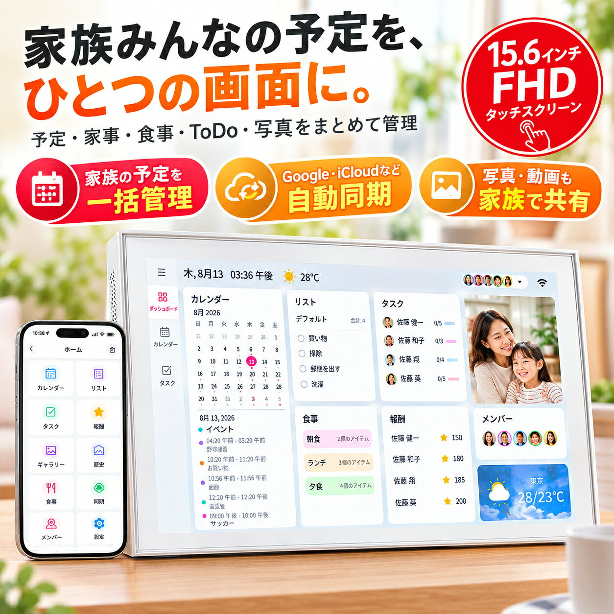 【9月30日前後入荷】スマートデジタルカレンダー 15.6インチ FHD タッチスクリーン WiFi対応 家族スケジュール管理 家事チャート ご褒美 食事プラン ToDoリスト 写真・動画共有 アプリ対応 iCloud・Google・Outlook・Yahoo!・TeamSnap連携