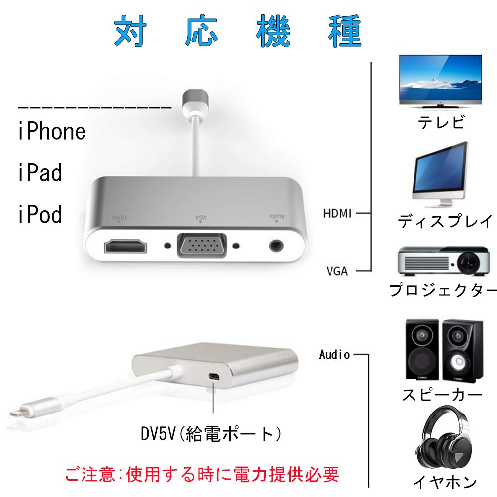 新品 Lightning to HDMI/Audio/VGA 変換 アダプタ 大画面 1080P オーディオ ライトニング ゲームパッド 3in1 iPhone iPad iPod HDMI変換 ケーブル (シルバー)
