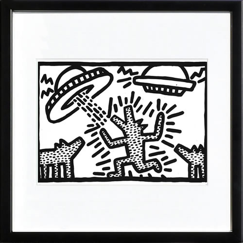 キース ヘリング ポスター 絵画 作品 グッズ アートパネル アートポスター ポップ アート 絵 複製画 版画 リトグラフ シルクスクリーン アートフレーム インテリア フレーム付き 壁掛け 北欧 おしゃれキース・ヘリング Untitled, 1982 (dogs with UFOs)