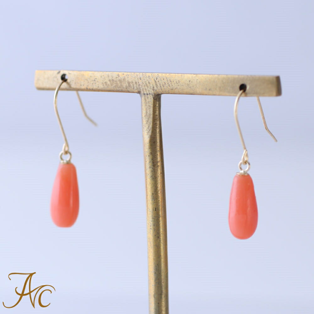 ≪1年保証付き≫ピンク珊瑚 ドロップ K18 ゴールド 雫 フック シンプル 差し色 上品で希少 貴重な大人 女性 レディース おしゃれな3月 誕生石 珊瑚 アクセサリー ジュエリー 還暦祝 赤 結婚 35周年 出産 珊瑚 サンゴ sango さんご