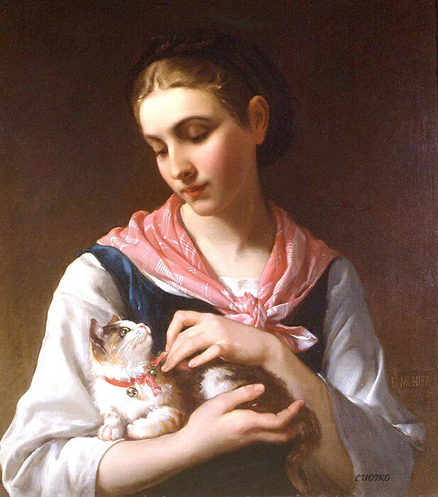 熟練した画家が、この名画の精巧な模写油絵をお作りします。 絵画サイズF12号（61x50cm）、油彩額付。制作日数1〜2ヶ月。 この作品はF12号に収まるように補正して制作します。 異なったサイズをご希望の場合は、ご注文前にお問い合わせ下さい。 額縁見本は、カテゴリーの額縁見本をご覧下さい。 Emile Munier 1840-1895： ウイルアム・ブーグローの門下生でフランス人画家。 お気に入りの写真から、熟練した画家による絵画の受注制作を承っておりますので、お問い合わせ下さい。