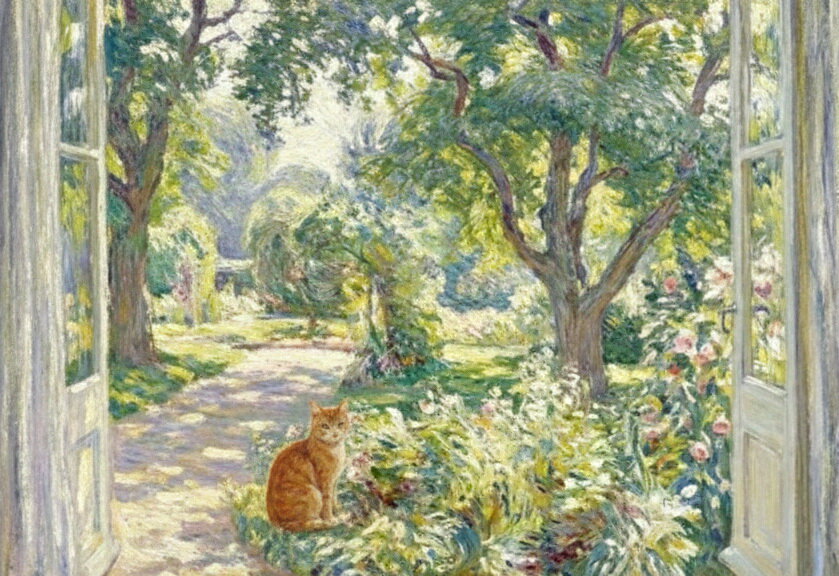 油絵 猫のいる庭 MA3228