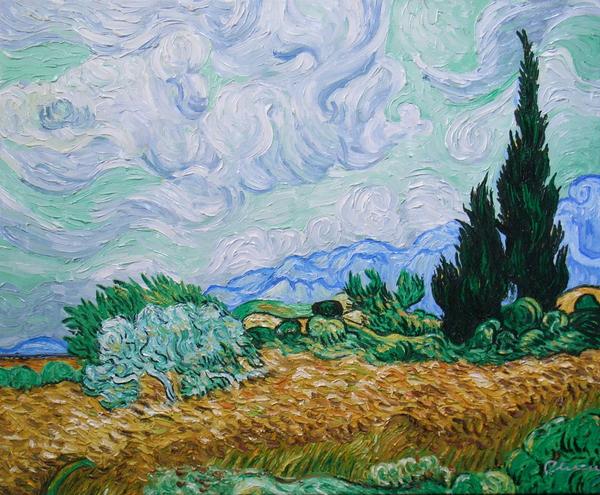 特価油絵 ゴッホの名作「糸杉と麦畑」　MA158