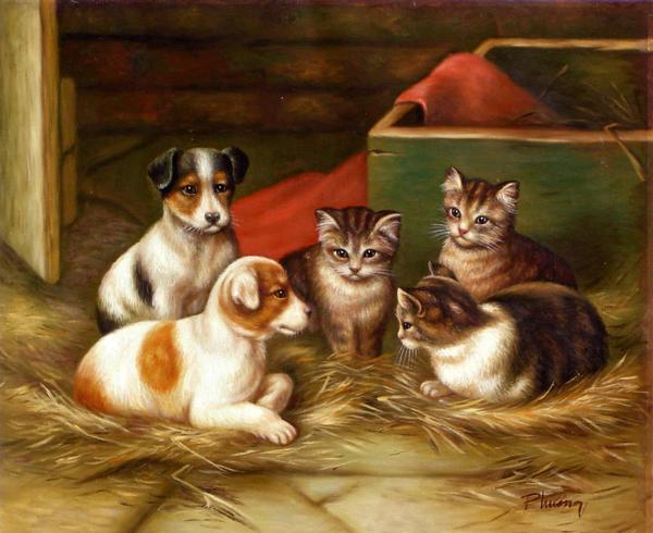 Rakuten - 特価油絵 エドガー・ハントの名作「子犬と子猫」　ma284