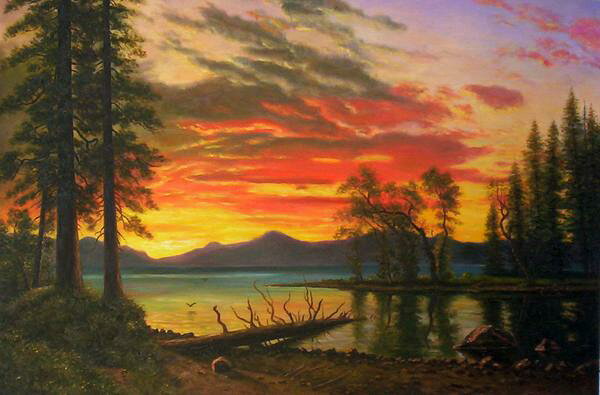 名作を画家が精巧に模写した油彩画です。 絵画サイズはM30号（91x61cm）、油彩額付（額指定）。 額縁見本は、カテゴリーの額縁見本をご覧下さい。　 アルバート・ビアスタッド（Albert Bierstadt 1830-1902)　ドイツ系アメリカ人画家。19世紀のアメリカ西部の雄大な景色を描いた画家として知られる。ダイナミックかつロマンチックに陽光が差し込む雄大な自然を描くルミニズム（luminism）と呼ばれる画風を取り入れた風景画家一派（ハドソン・リバー・スクール）のメンバーであった。 お気に入りの写真から、熟練した画家による絵画の受注制作を承っておりますので、お問い合わせ下さい。