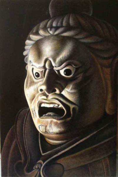 四天王（京都・教王護国寺）を、画家が精巧に描いた漆絵作品です。 絵画サイズは45x30cm。 背面にフックが付いていますので、額なしでもそのまま壁にかけられます。 額縁見本は、カテゴリーの額縁見本をご覧下さい。 漆絵とは、日本古来の漆工芸技法を絵画に取り入れた新しい芸術作品です。 特殊な合板に漆を塗り込み幾度も磨き出した上に、一点一点ていねいに手描きして仕上げた芸術品です。 自信を持ってお薦めできる作品です。存在感のある美術品としてご活用下さい。 国宝級の名画（屏風絵、蒔絵、花鳥図、天井画など）を、熟練した画家が精巧に模写します。