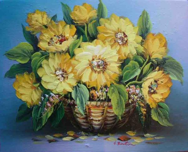 特価油絵 バスケットのひまわり F3号 ma2917