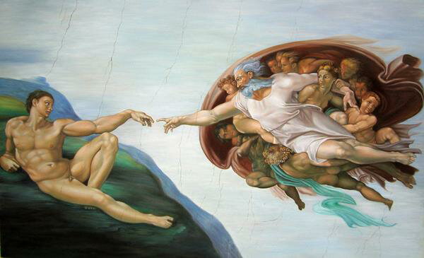 油絵　ミケランジェロの名作「アダムの創造」