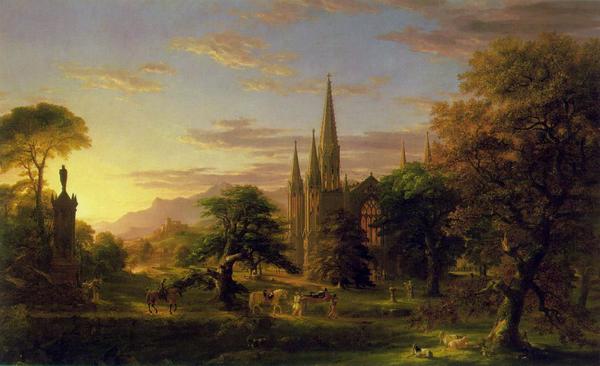 油絵 Thomas Cole_ 夕暮れの教会　ma1012