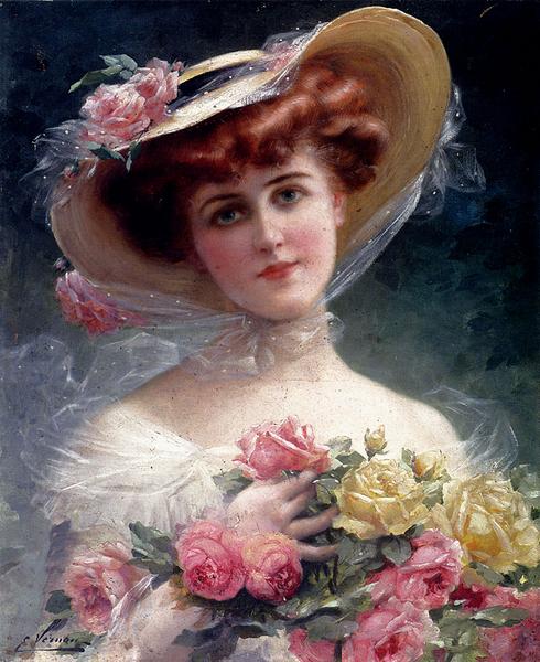 Rakuten - 油絵 Vernon Emile_花で飾った女　ma1182