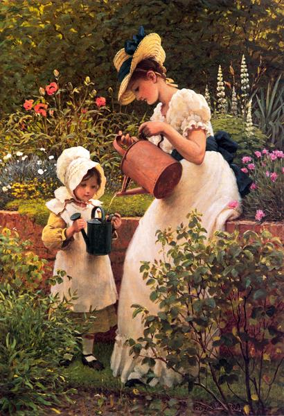 Rakuten - 油絵 Leslie George Dunlop_花壇の中で　ma1218