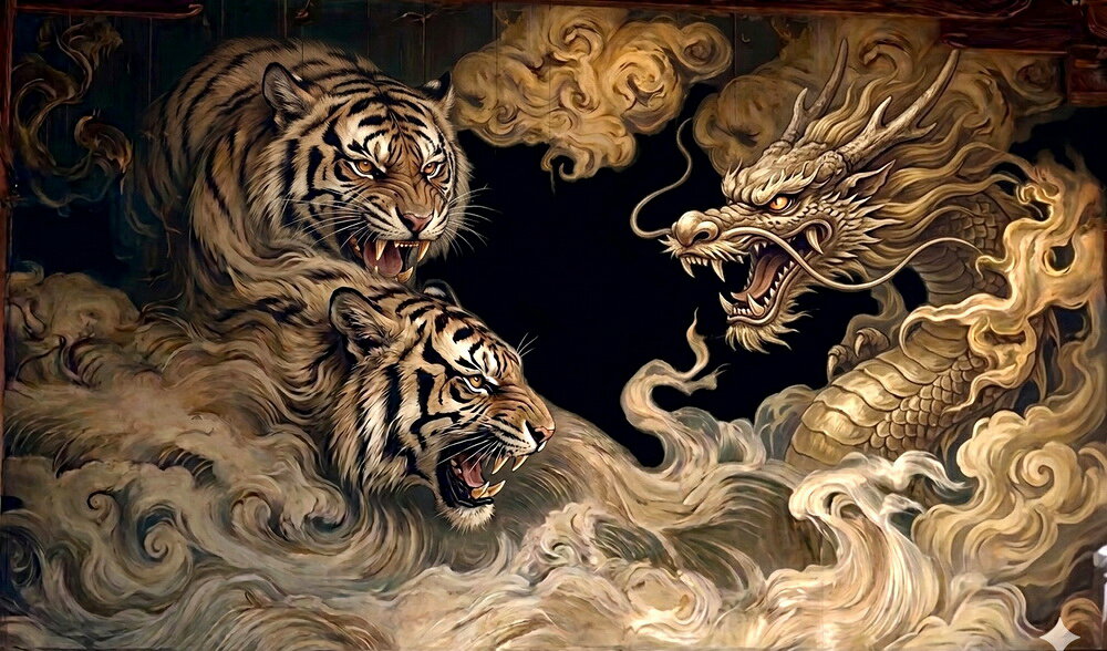 Rakuten - 漆絵　龍虎図_猛虎と龍　NH350