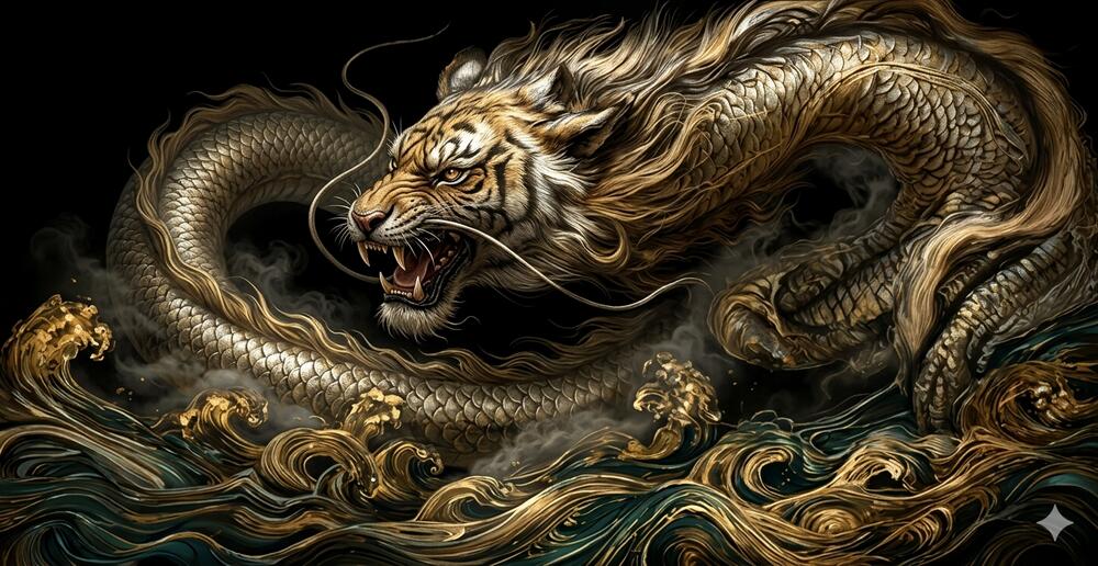 Rakuten - 漆絵　龍虎図_猛虎と龍　NH356