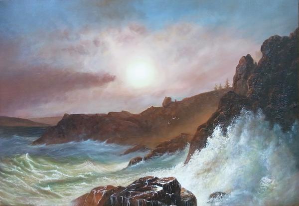 Rakuten - 特価油絵 荒海と夕陽　MA1435