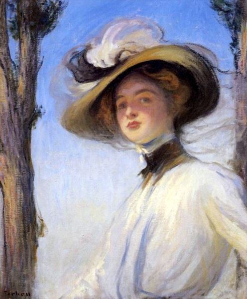 Rakuten - 油絵 Edmund C. Tarbell_つば広の帽子をかぶった女　MA1750