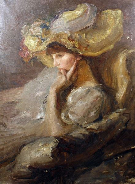 乐天商城 - 油絵 Albert de Belleroche - 黄色の帽子の女　ma1769