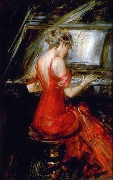 油絵 Giovanni Boldini_ピアノを弾く赤いドレスの女　MA2554