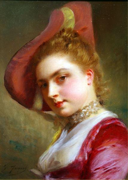 油絵 Gustave Jean Jacquet_ピンクの婦人　ma2725