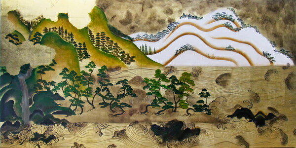 Rakuten - 漆絵　日月(じつげつ)山水図・左隻　nh120L