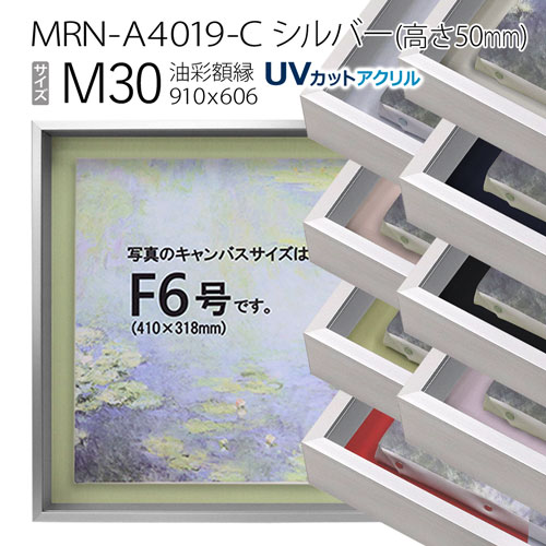油彩額縁　MRN-A4019-C　シルバー（高さ50mm）　M30 号(910×606)　13mmネジ付 （UVカットアクリル仕様・アルミ製・油絵用額縁・キャンバス用フレーム）