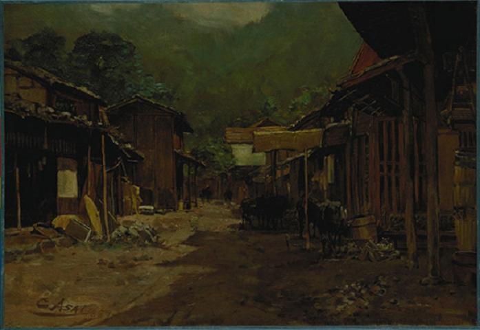 手描き 油絵 模写 複製画 浅井忠「八王子付近の街」 F15(65.2×53.0cm)サイズ 額付き 送料無料