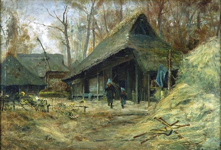 手描き 油絵 模写 複製画 浅井忠「藁屋根」 F15(65.2×53.0cm)サイズ 額付き 送料無料