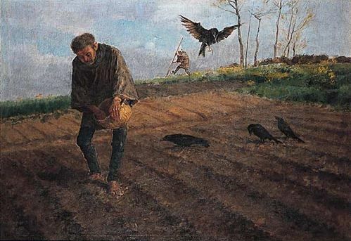 手描き 油絵 模写 複製画 浅井忠「農夫とカラス」 F15(65.2×53.0cm)サイズ 額付き 送料無料