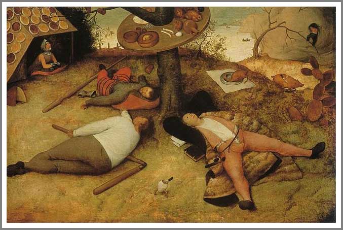 手描き 油絵 模写 複製画 ピーテル・ブリューゲル「怠け者の天国」 F15(65.2×53.0cm)サイズ 額付き 送料無料