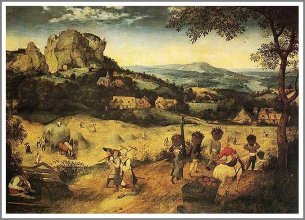 手描き 油絵 模写 複製画 ピーテル・ブリューゲル「干し草の収穫」 F15(65.2×53.0cm)サイズ 額付き 送料無料