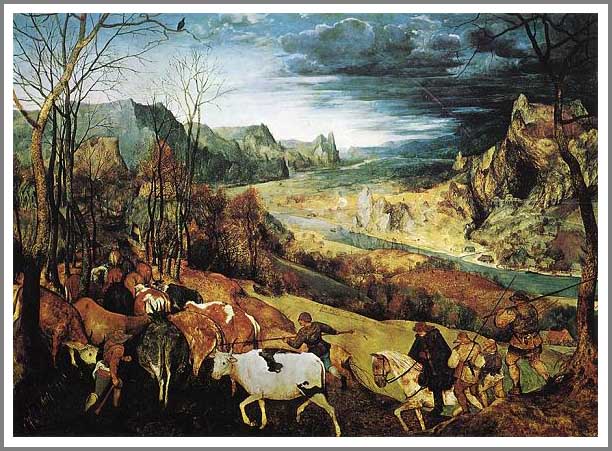 手描き 油絵 模写 複製画 ピーテル・ブリューゲル「牛群の帰り」 F15(65.2×53.0cm)サイズ 額付き 送料無料