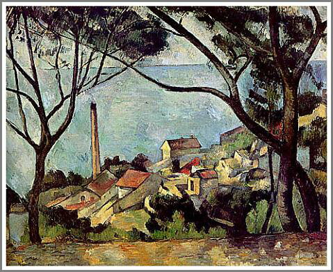 手描き 油絵 複製画 模写 ポール・セザンヌ「エスタックにあるマルセイユ湾」 F20(72.7×60.6cm)サイズ 額付き 送料無料