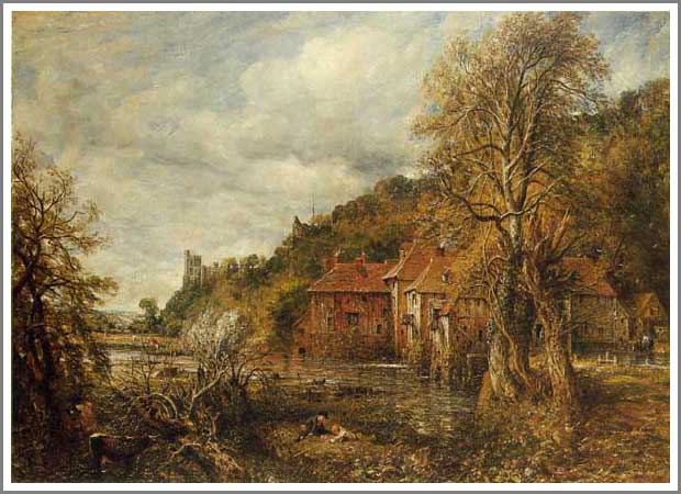 手描き 油絵 模写 複製画 ジョン・コンスタブル「アランデルの水車場と城」 F15(65.2×53.0cm)サイズ 額付き 送料無料
